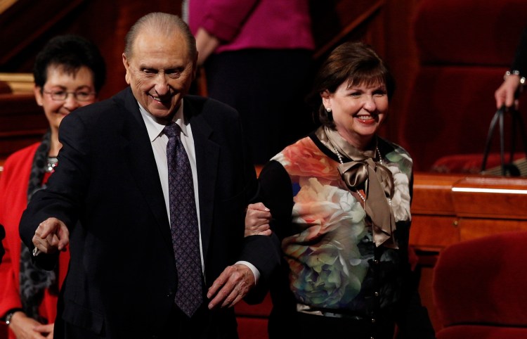  President Thomas S. Monson with daughter, Ann Dibb, shares a smile with the congregation in the Conference Center in Salt Lake City after the afternoon session, Saturday, October 3, 2015. © 2015 by Intellectual Reserve, Inc. All rights reserved. 